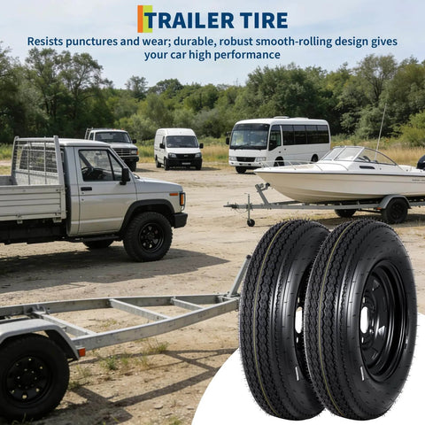 2-Pack 5.30-12 Trailer Tires With 12 Inch Rims, 5 Lug On 4.5 Inch Bolt Pattern, 6 Ply Load Range C in front of utility trailers