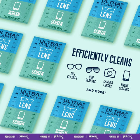 Premoistened Lens Cleaning Wipes for Glasses and Screens Optical 210 Pack packaging with benefits and uses shown