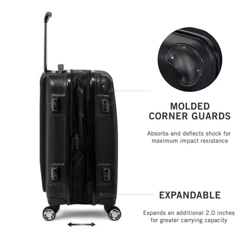 Side view of Renegade Expandable 8 Wheel Spinner Luggage, 20-inch black, with corner guards and expansion feature by Kenneth Cole Reaction