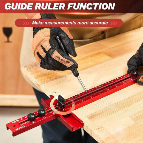 Carpenter using Pro Grade 4 In 1 Router Milling Groove Bracket For Woodworking on a wooden board for accurate measurements.