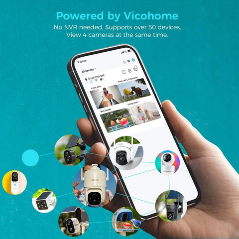 Hand holding smartphone displaying Vicohome app for 2K Smart Video Doorbell With Chime And Battery Powered Wireless Security Camera