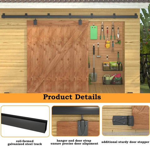 10 Foot Black Box Rail Exterior Barn Door Hardware Kit installed on wooden shed, showing track system and door strap details.