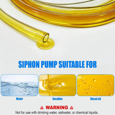 All In One Gas Siphon Transfer Kit For Fuel And More, Easy Manual Hand Pump For Gasoline, Diesel, Oil, Water And Other Liquids with warning note