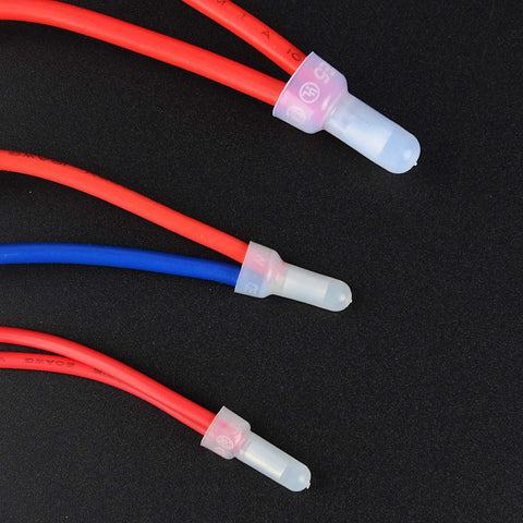 Nilight 50036R closed-end nylon crimp terminals on three red and blue wires, 22-16/16-14/12-10 AWG kit