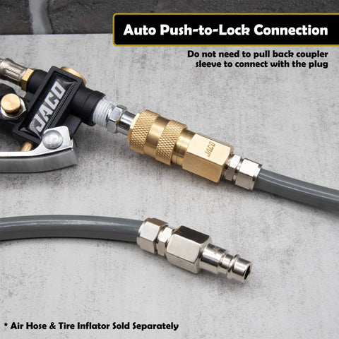 JACO Hi-Flo quick-connect air hose fittings with brass coupler and plug on gray hose, 1/4" NPT.