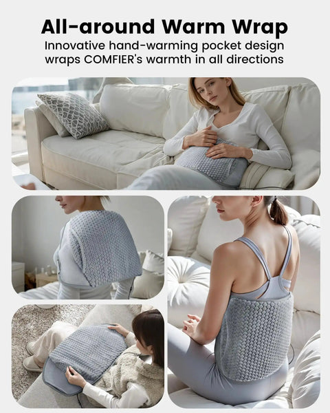 Person using Extra Large Heating Pad With Massager For Back Pain And Cramps Auto Shut Off on couch, showing hand warmer pockets.