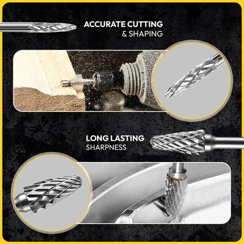 20 Piece Carbide Burr Set With One Eighth Inch Shank For Die Grinders Pro Grade Tungsten Bits Double Cut Compatible With Dremel Milwaukee DeWalt For Cutting Engraving Deburring Metal Steel Aluminum And More in action, showing accurate cutting, shaping and durability features.