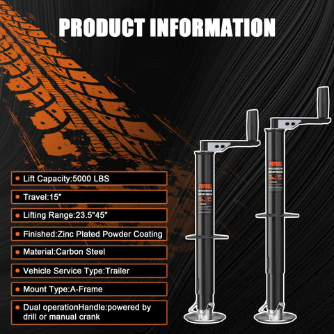 Two POPBUL A-frame trailer jacks with handles; 5000 lb capacity, carbon steel, zinc-coated, 15 in travel.