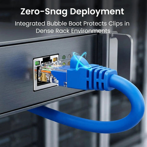 Blue Cat6 Ethernet patch cable connected to network device, demonstrating zero-snag deployment in dense rack environments.