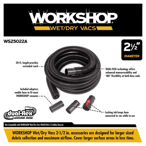 Extra Long Locking Hose Attachment For Wet Dry Shop Vacuum Cleaners With Heavy Duty Build And Two And A Half Inch By Twenty Foot Reach And Universal Adapters coiled on surface