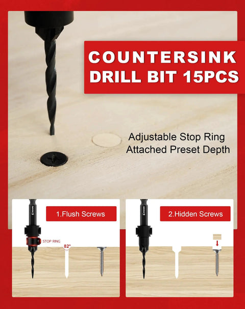 All In One Countersink Drill Bit Set For Woodworking With Fifteen Pieces Including Seven Tapered Bits And Two Wood Plug Cutters Quick Change One Quarter Inch Hex Shank Durable Storage Box EZARC showing adjustable stop ring in use on wood.