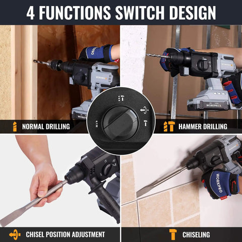 Cordless 20V Rotary Hammer Drill with SDS Plus Chuck, 7/8 Inch Capacity, 2.0J Concrete Hammer showing four function settings