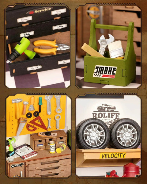 DIY miniature garage workshop kit with LED lights; green tool tote, pegboard tools, workbench, and Velocity tires.