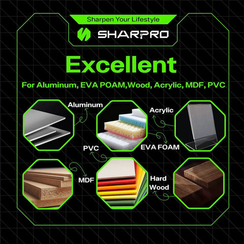 Sharpro material examples for O Flute Upcut Spiral Router Bit For CNC, including aluminum, acrylic, MDF, and hardwood.
