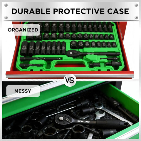 Impact Socket Set For Auto Work, 50 Piece Six Point Drive Three Eighths Inch, SAE And Metric Sizes, Cr-V Steel, organized vs messy case