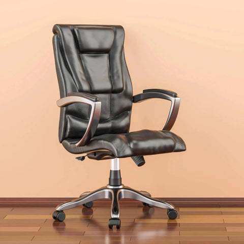 Black office chair with armrests on hardwood floor