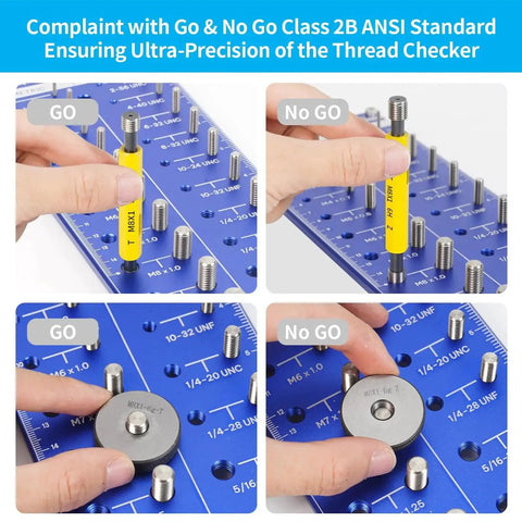 Wall Mounted Nut And Bolt Thread Checker Board With 31 SAE And Metric Sizes showing thread checking with gauge on board