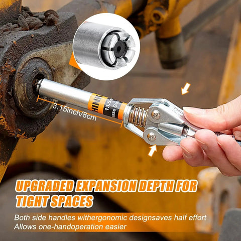 Grease Gun Coupler Set With Double Handle For Extra Reach And 90 Degree Adaptor One Eighth NPT Fittings And Cleaning Tool Plus Narrow Needle Dispenser For Jaw Type Couplers And High Pressure 12000 PSI Use With All Grease Guns Thinkwork shown in use on machinery.
