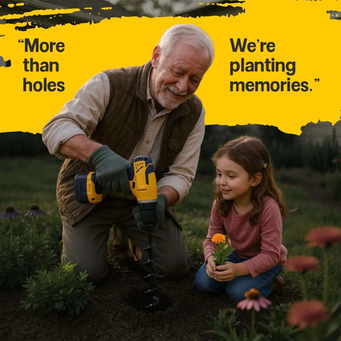 Man and child using a garden auger drill bit for planting. Garden Auger Drill Bit For Planting One Point Six By Sixteen Point Five Inch With Three Eighth Inch Hex Drive Fits Standard Drills Post Hole Digger For Umbrellas And Fences Spiral Bulb Planter Tool.