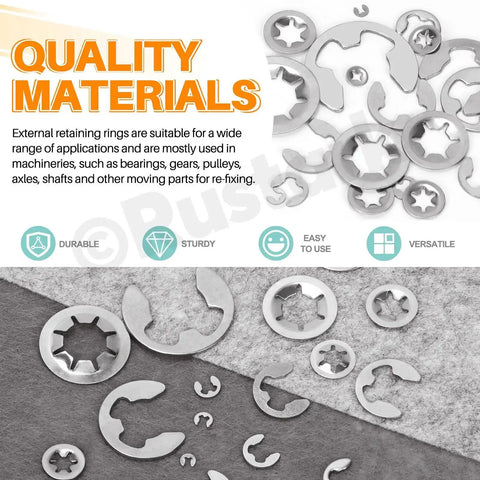 Stainless Steel E Clips and Internal Tooth Star Lock Washers Kit, 304 Grade, shown with various clip and washer sizes.