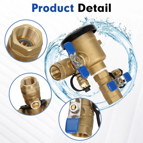 3/4-inch brass pressure vacuum breaker backflow preventer for irrigation; outdoor hose bib with blue handles.