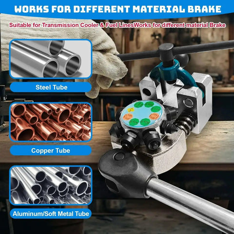 Pro Grade Brake Line Flaring Tool Kit for automotive tubing, showing steel, copper, and aluminum tubing compatibility.