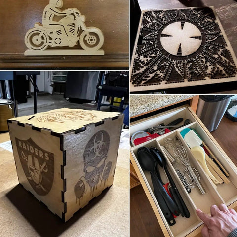 18 Pack 12 Inch Square Basswood Boards One Quarter Inch Thick For Laser Engraving CNC Woodworking And Pyrography Projects Pro Grade Basswood Sheets For Drawing Painting And Engraving used for crafting projects like motorcycle cutout, intricate designs, custom box, and drawer organizer.