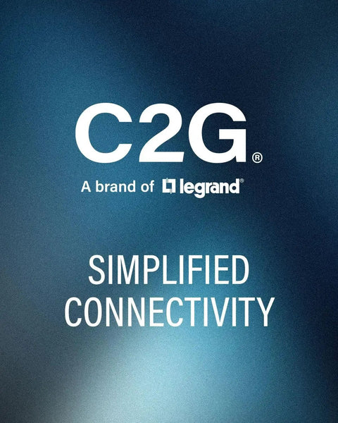 C2G a brand of Legrand logo with tagline 'Simplified Connectivity' on a blue gradient background