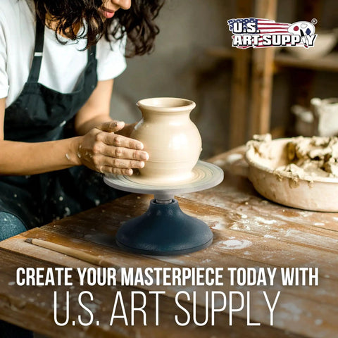 Artist using 7 Inch Diameter Sculpting Wheel For Ceramics And Pottery With Heavy Duty All Metal Construction And Ball Bearing Turntable Ideal For Cake Decorating Model Making Clay Design Floral Arranging And Other Artists US Art Supply