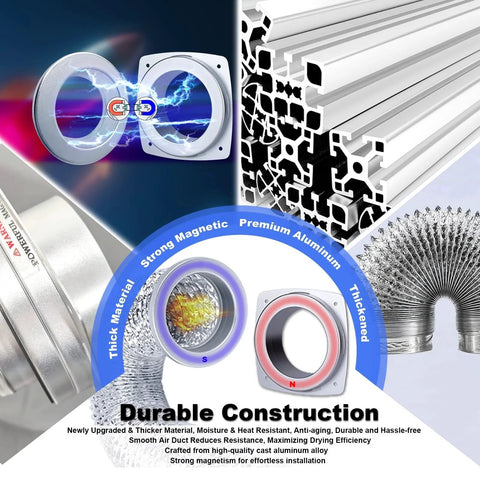 Magnetic Dryer Vent Connector Kit With Self Alignment And No Fuss Quick Connect DV180 Magnetic Dryer Vent Coupling For Easy Disconnect And Cleaning Includes 3.1 Ft 4 Inch Duct And Two Clamps In Silver showing magnetic connection and aluminium construction.