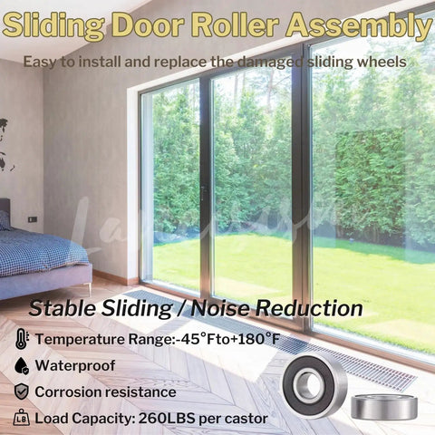 Sliding glass door with view of garden, features text about Two Pieces Sliding Door Tandem Roller Assembly Heavy Duty One And One Quarter Inch Replacement For Sliding Glass Doors And Screens 120 Kg 265 Lbs Load Capacity Per Pair Corrosion Resistant Alloy Steel Construction.