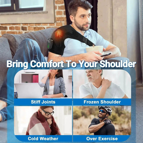 Man using Cordless Shoulder Heating Pad With Massager, seated, showing comfort for stiff joints and muscle relief benefits.