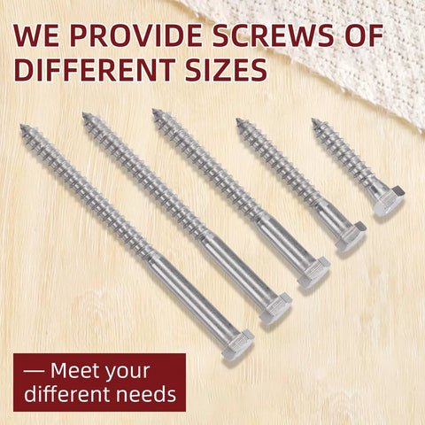 Heavy Duty Wood Lag Screws Set 304 Stainless Steel 3/8 Inch By 3 Inch Hex Head Bolts With Washers 50 Pack Includes 50 Washers And Hex Socket Drill For Decks Fences Outdoor Projects displayed on wood surface.