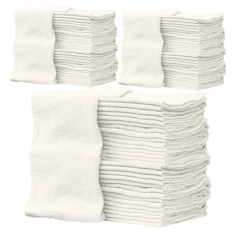 Stacks of white cotton shop towels, 14x12 inches, showing the 150-pack lint-free, non-scratch, reusable design.