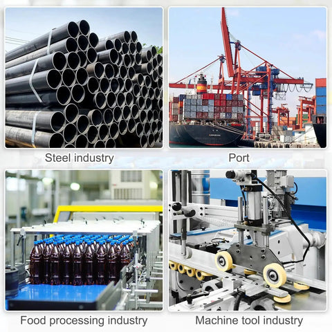 Collage of industries: steel pipes, shipping port, food processing conveyor, machine tool equipment. Inductive Proximity Sensor PNP No M8 DC.