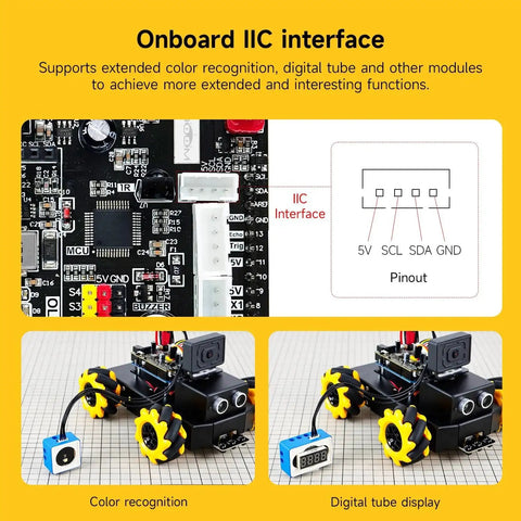 AI Smart Robot Kit With Mecanum Wheel For UNO R3 ESP32 Camera App showing onboard IIC interface and color recognition modules.