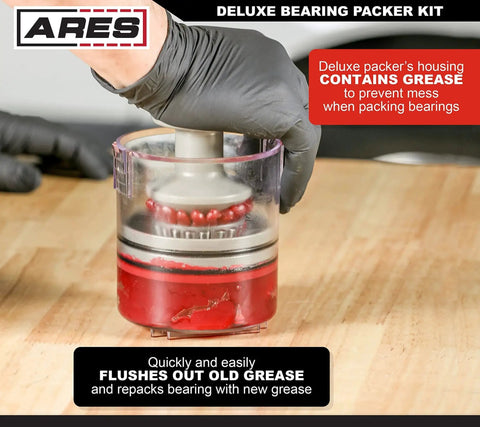 Two Piece Deluxe And Standard Bearing Packer Kit for wheel bearings, showing deluxe hand packer with grease chamber in use.