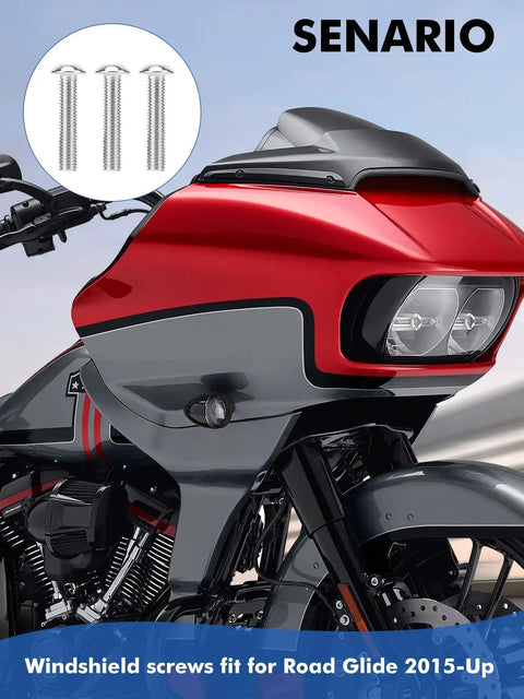 Harley Road Glide 2015-Up with Brass Batwing Thread Insert Repair Kit, close-up of red and grey fairing and windshield screws