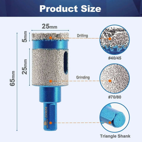2 Pack 1 Inch Diamond Core Drill Bit And Diamond Finger Milling Bit Set With Triangle Shank For Porcelain Tile Ceramic Stone Granite Marble Drill Enlarge And Shape Holes In One Handy Tool, side view showing product size and texture details.