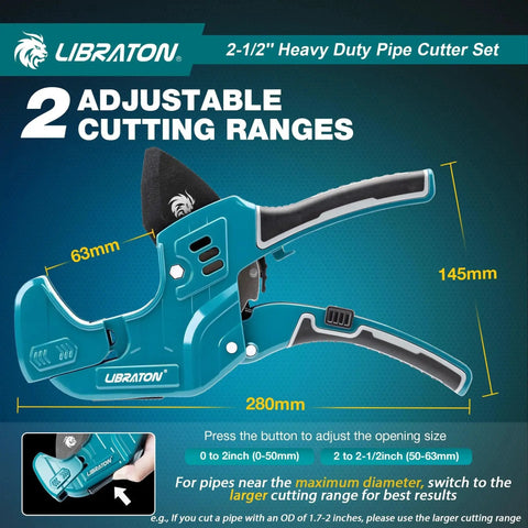 Heavy Duty Ratcheting PVC Pipe Cutter For PEX PVC And PPR Hoses Up To Two And One Half Inches with adjustable cutting ranges