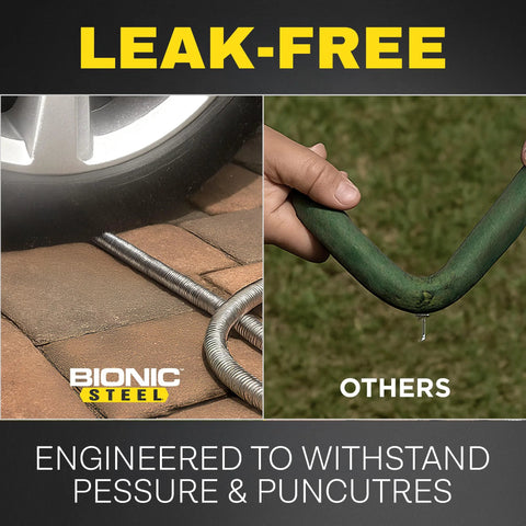 BIONIC STEEL 10 ft hose extension coil on patio; stainless steel look, leak-free, shown against Others hose.