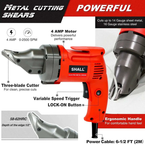Electric Metal Cutting Shear For 14 Gauge Steel And 16 Gauge Stainless, 4.0 Amp Corded Cutter close-up showing handle and blade.
