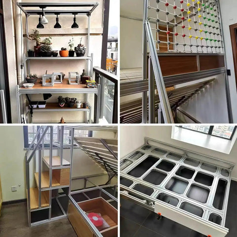 Various DIY projects using Built Tough Corner Bracket Connector Set for 4080 and 8080 aluminum extrusion, showing versatility and sturdy support.