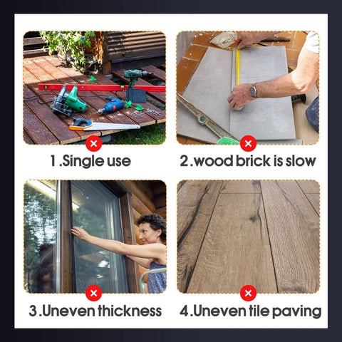 Collage showing challenges with home leveling including single use tools, uneven thickness, and tile paving issues.