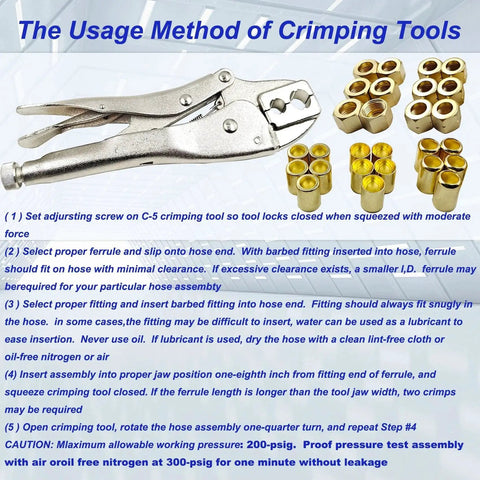 58 Piece Hose Repair Kit For 1/4 Inch I.D. Hoses With Crimp Tool And Fittings, instructions and crimping tools visible