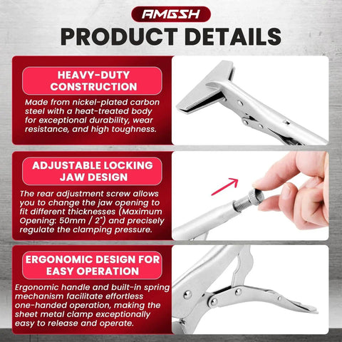 Heavy Duty 10 Inch Locking Sheet Metal Clamp With Adjustable Pliers, Duck Bill Panel Clamp for Metalworking shown in detail