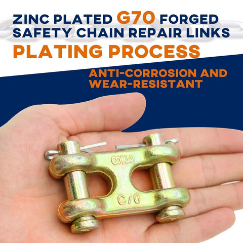 3/8 Inch Twin Clevis Links Pack Of 4 Alloy Steel Chain Repair Links shown in hand, highlighting zinc plating and anti-corrosion features.