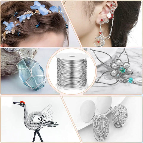 20 Gauge Stainless Steel Jewelry Wire, Tarnish Resistant 304 Stainless, Flexible and Built to Last Silver Wire for Jewelry Making, Beading, Wire Wrapping, Crafts, and DIY Projects in a spool with various crafts displayed.
