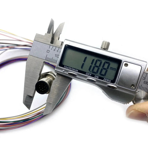 Caliper measuring M12 12 Pin A Coded Male Connector Cable IP67 Waterproof Back Mount with colored wires