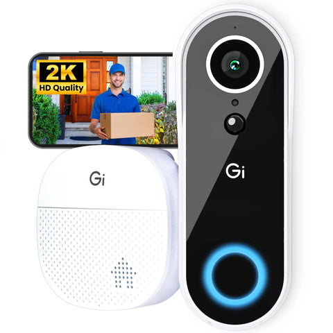 2K QHD Video Doorbell Camera with Chime Battery Powered Wireless for Home shown with screen displaying delivery scenario